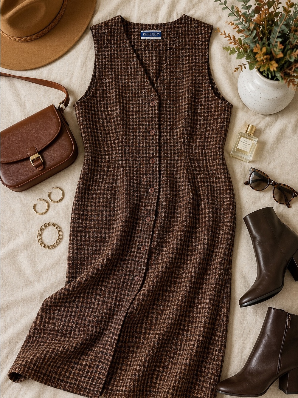Pendleton Vintage Houndstooth Wool Midi Dress Size 8 Autumn Wedding Office Wear - Picture 2 of 15